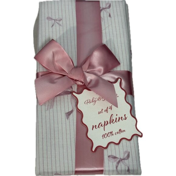 Ruby & Ribbons By Indigo Home Pink Pinstriped Bow Accent Cotton Napkins 4-Pack - Picture 2 of 3